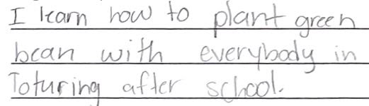 Student writing, "I learn how to plant green bean with everybody in tutoring after school"
