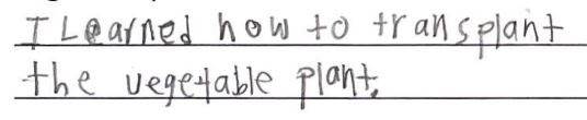 Student writing, "I learned how to trtanplant the vegetable plant"