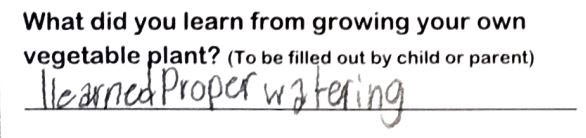Student writing, "I learned proper watering"