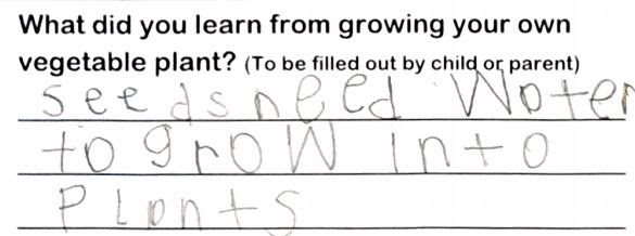 Student writing, "Seeds need water to grow into plants"
