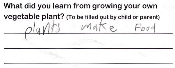 Student writing, "plants make food"