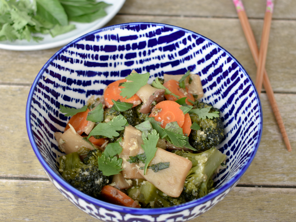 Broccoli and hamakua mushrooms with lemongrass and coconut milk