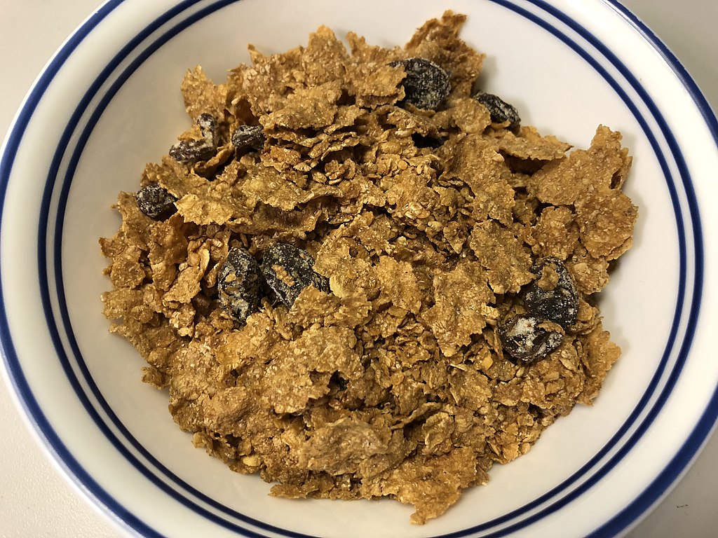 bowl of dry raisin brand cereal
