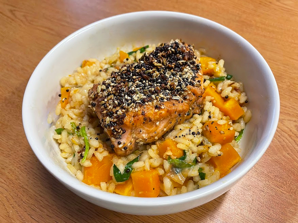 four seeded salmon with kabocha miso risotto