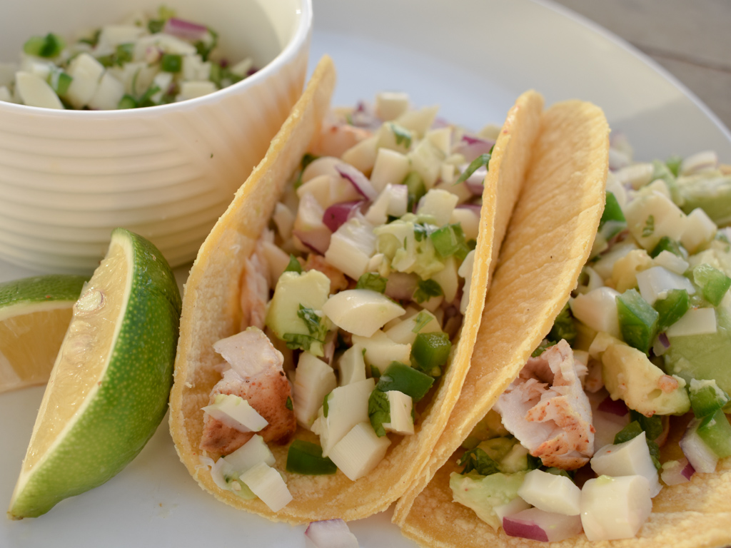 fresh fish tacos with hearts of palm salsa