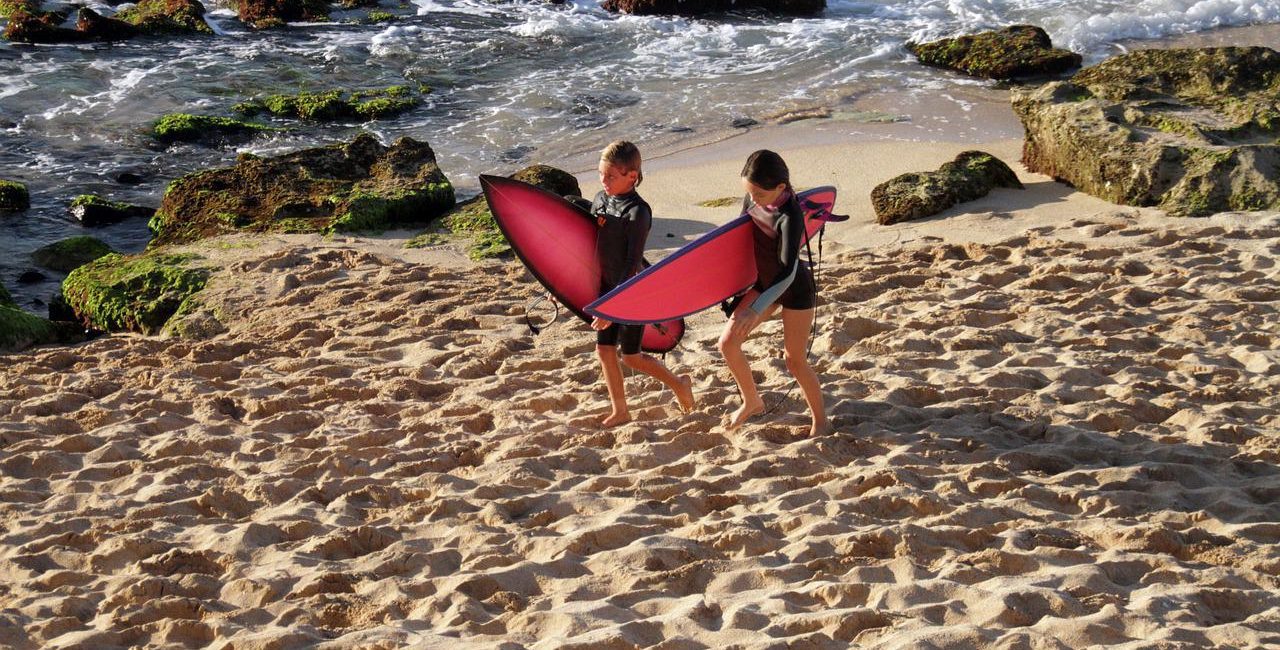 Kids walking with surf boards