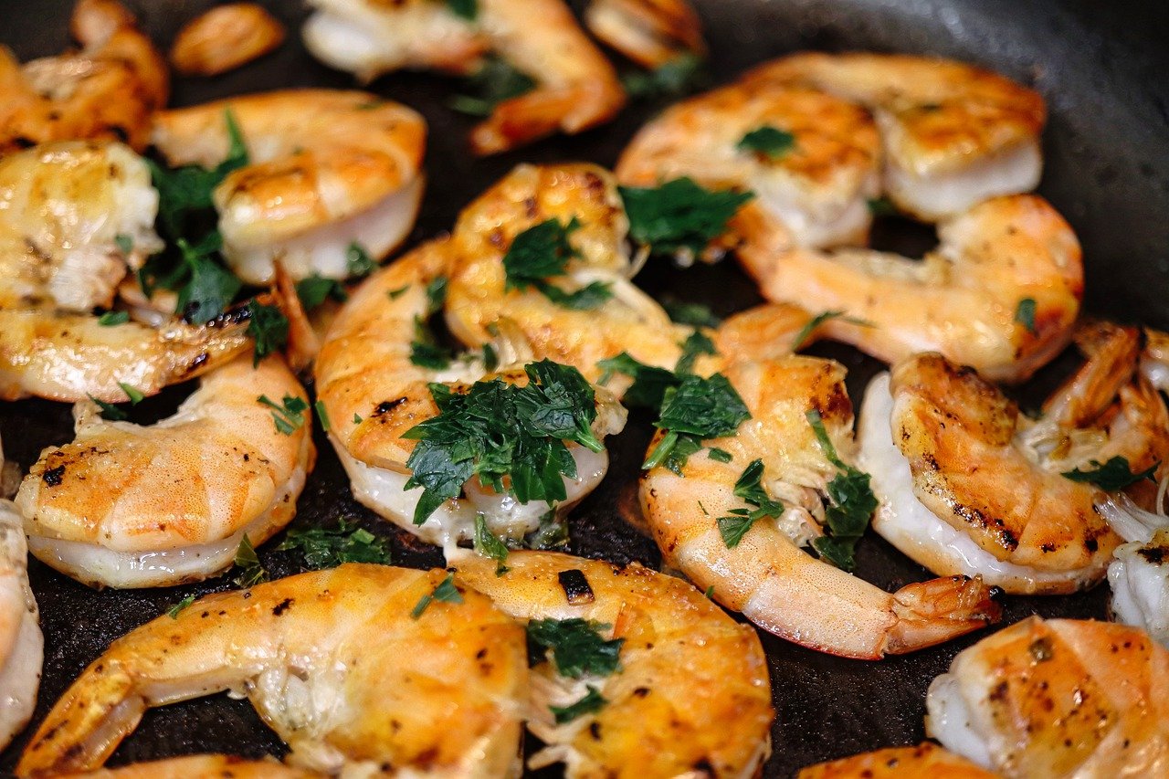 cooked shrimp in a pan