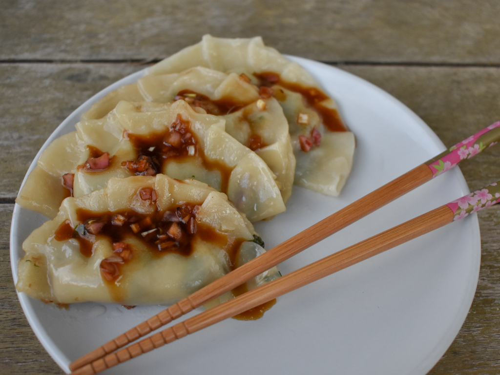 steamed sweet potato and swiss chard dumplings