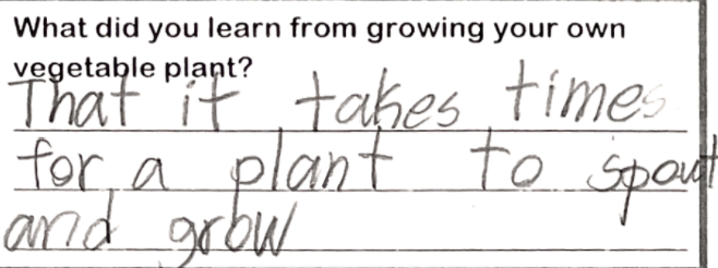 Student writing "That it takes time for a plant to sprout and grow."
