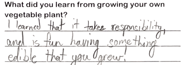 Student writing "I learned that it takes responsibility, and it's fun having something edible that you grew."