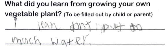 Student writing, "I learn dont put to much water."
