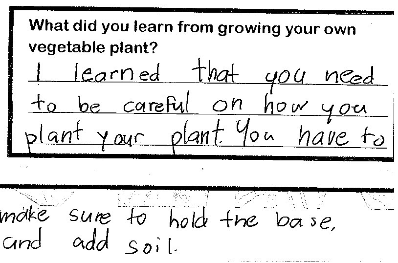 Student writing "I learned that you need to be careful on how you plant your plant. You have to make sure to hold the base and add soil."