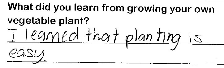 Student writing "I learned that planting is easy"
