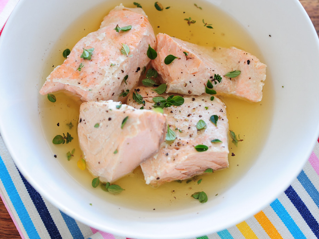 Canned salmon garnished with marjoram