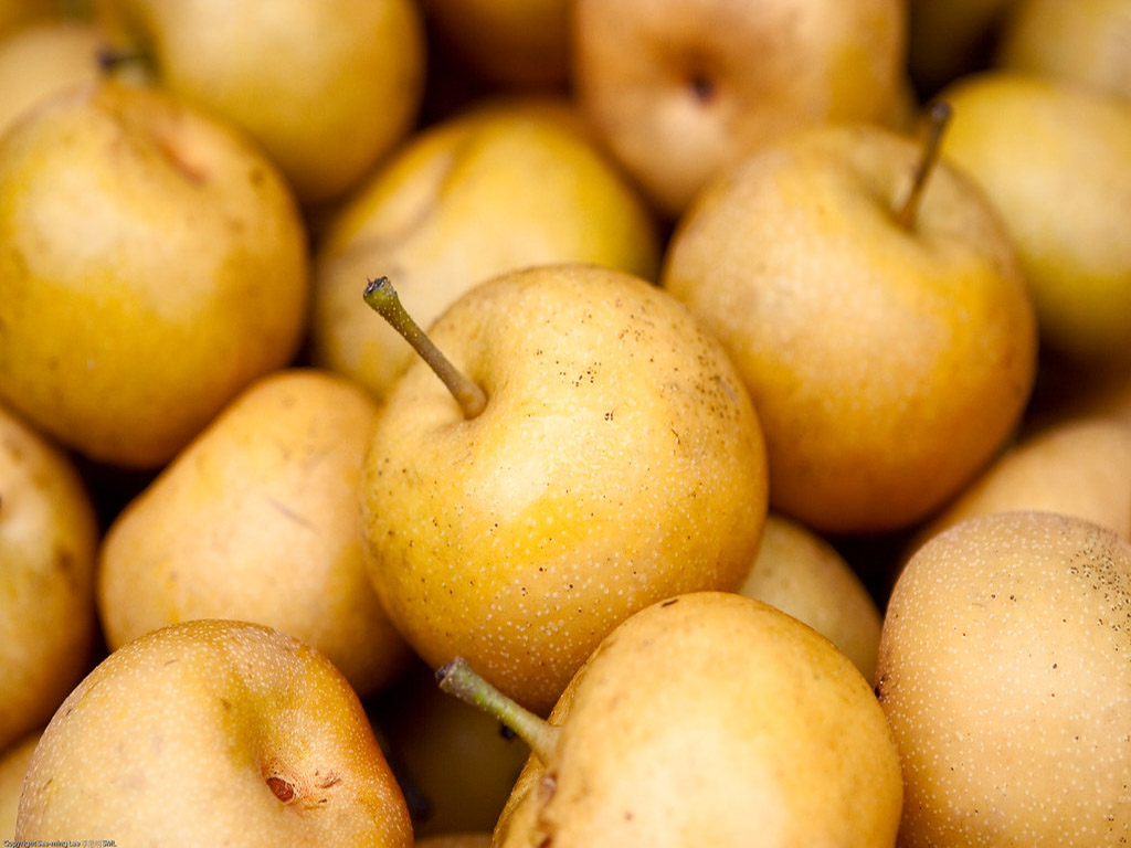 close up of numerous asian pears