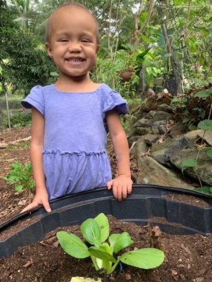 Keiki posing with transplanted bok choy seedling