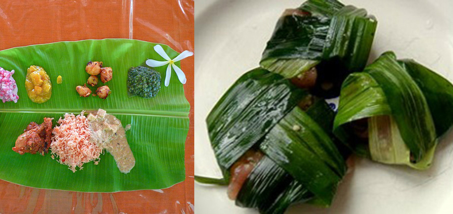 several scoops of food on a banana leaf and food wrapped in cooked banana leaves