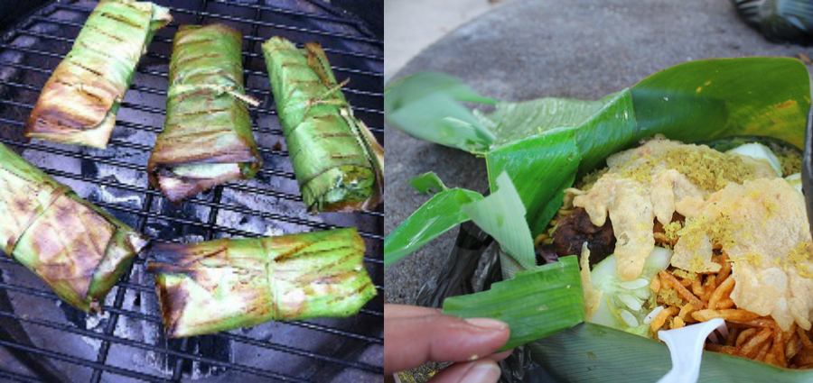 Banana leaf wrapped foods on a grill and on a plate