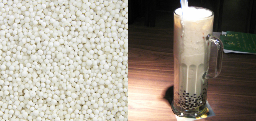 First image close up of tapioca pearls, second image a tall mug/glass fill with a milk tea with tapioca pearls at the bottom