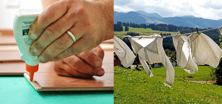 First image glue being applied to a piece of tongue-and-groove flooring, second image clothing hanging from a clothesline with fields and mountain in the background