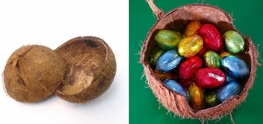 Two images, first a coconut shell used as a bowl, second coconut shell holding foil-wrapped chocolate eggs