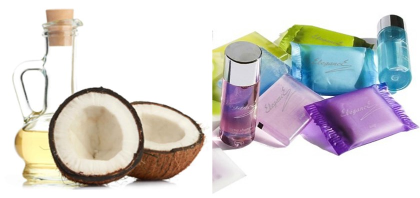 First image two coconut halves with flask of oil, second image packaged wipes and small bottles of coconut oil-based products