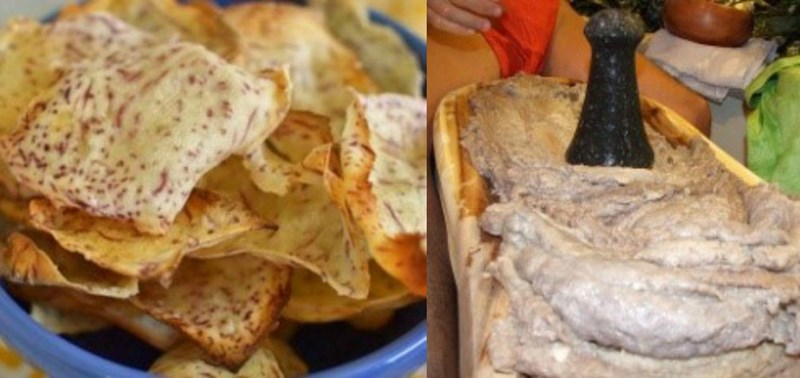 First image close up of taro chips in a bowl, second image a long deep plate with a poi pounder in the middle.