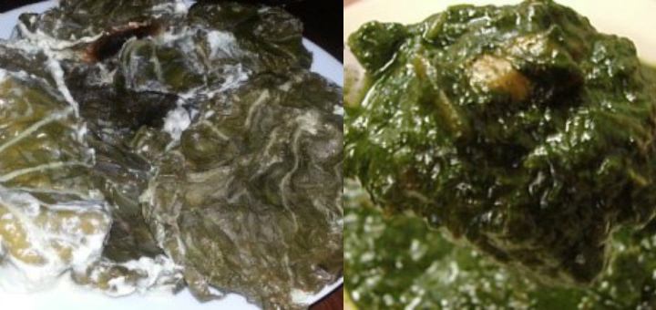 First image cooked taro leaves in palusami, second image cooked taro leaves in lau lau