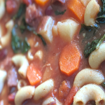 Portuguese Bean Soup with elbow noodles, carrots, and kale