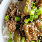 Teriyaki bowl with eggplant, green onions, sesame seeds, and turkey