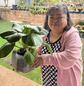 Participant posing with fully grown bok choy plant