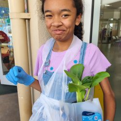 Child posing with transplanted bok choy seedling