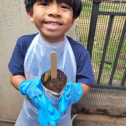 Child posing with newspaper pot with bok choy seeds planted