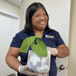 Participant posing with transplanted seedling
